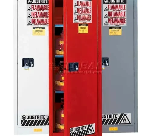 Three Justrite flammable storage cabinets, red center