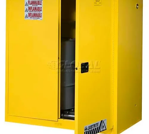 Justrite Drum Cabinet 60 Gal. Capacity Vertical Self Close Hazmat Flammable W/ Drum Rollers