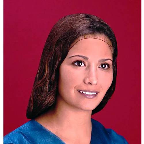 Smiling woman wearing lace-front wig