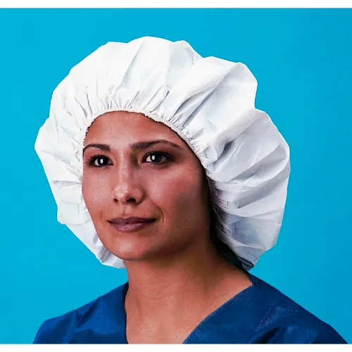 Healthcare worker wearing white bouffant cap