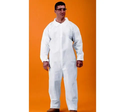 Man in white protective coverall and goggles