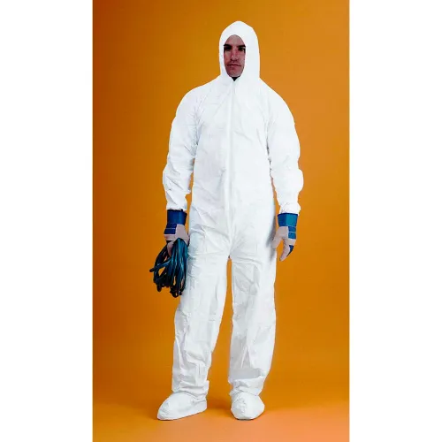 KeyGuard® Coverall/Bunny Suit, Attached Hood & Boots, Zipper Front, White, L, 25/Case