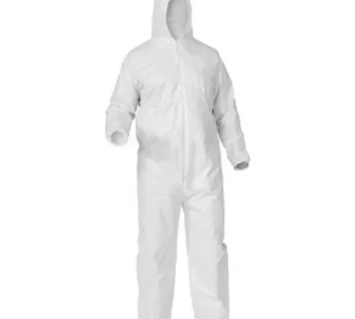 White hooded disposable protective coverall suit