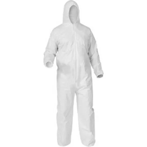 White hooded disposable protective coverall suit