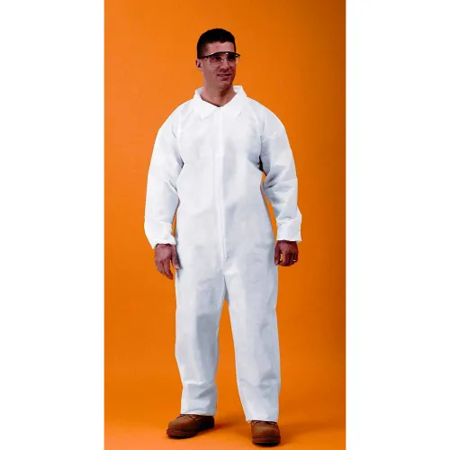 Man wearing white protective coverall and goggles