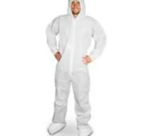 Person in white disposable protective coverall suit