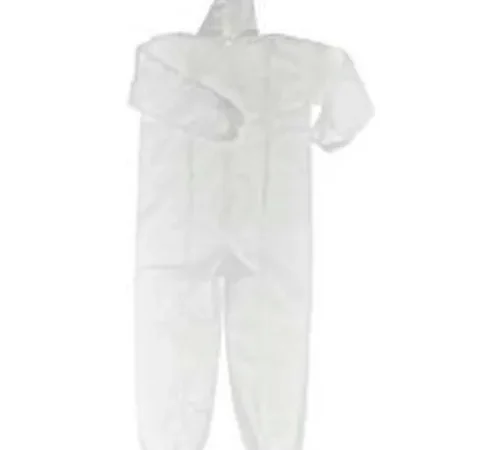White disposable hooded protective coverall suit