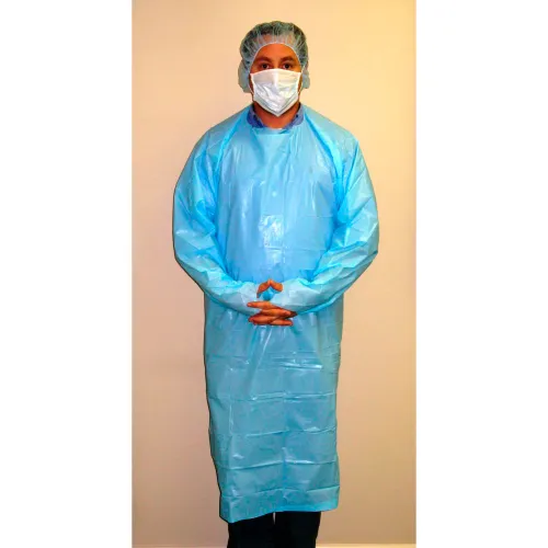 Person in blue medical gown and mask