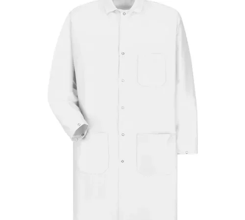 Buttoned white lab coat with front pockets