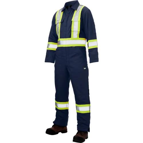 High-visibility navy safety coverall with reflective stripes