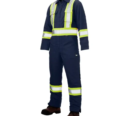 Navy high-visibility safety coverall with reflective stripes