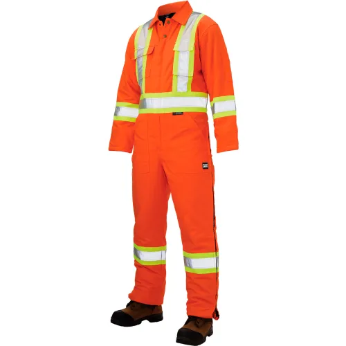 Orange safety coverall with reflective stripes