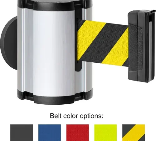 Wall-mounted retractable barrier with black-yellow belt