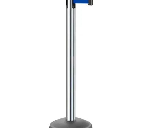 Chrome retractable belt stanchion with blue strap
