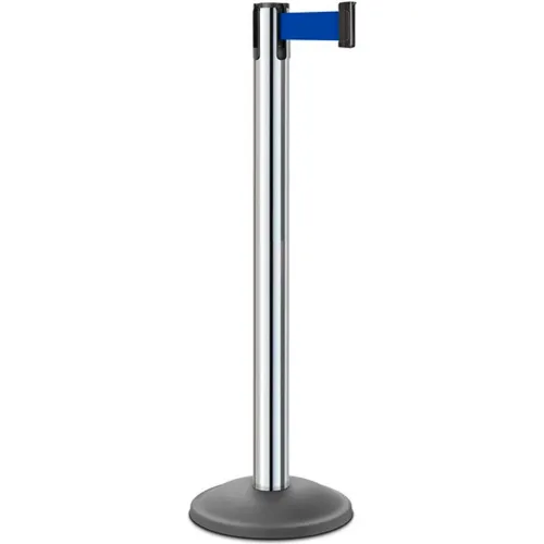 Chrome retractable belt stanchion with blue strap
