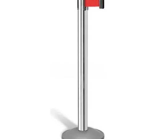 Chrome retractable belt stanchion with red strap