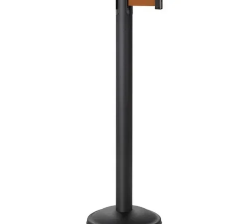 Black retractable belt stanchion with orange strap