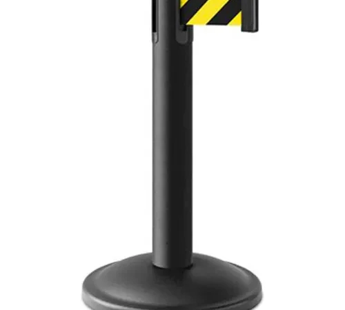 Black stanchion post with yellow-striped belt