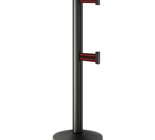 Black stanchion with two red retractable belts
