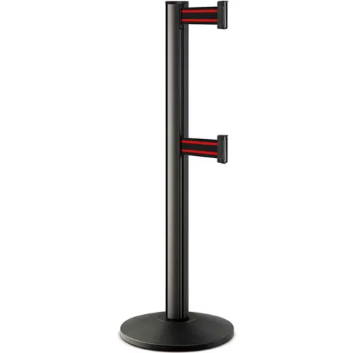 Black stanchion with two red retractable belts
