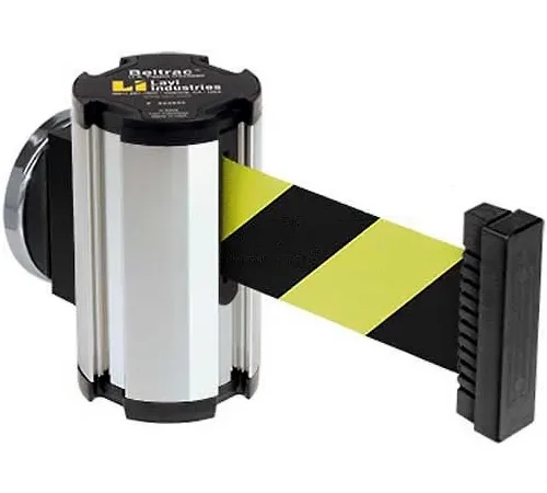 Wall-mounted retractable yellow-black safety belt