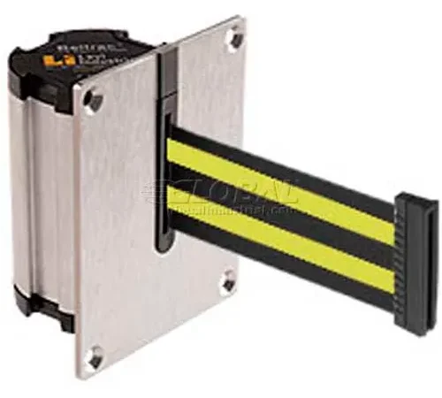 Recessed retractable belt barrier with yellow stripes