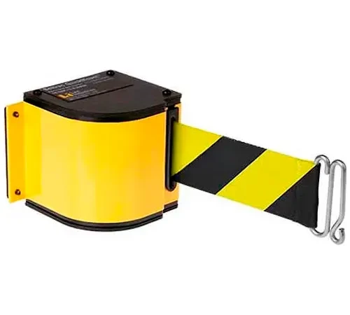 Yellow retractable safety barrier with black stripes