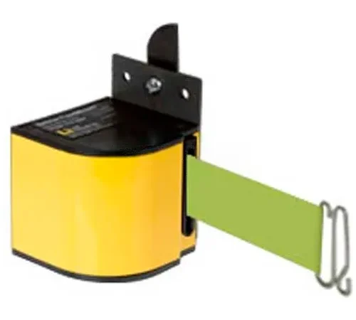 Wall-mounted yellow retractable belt barrier