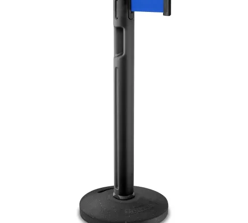 Black retractable stanchion with blue belt