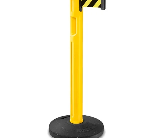 Yellow retractable belt stanchion with base