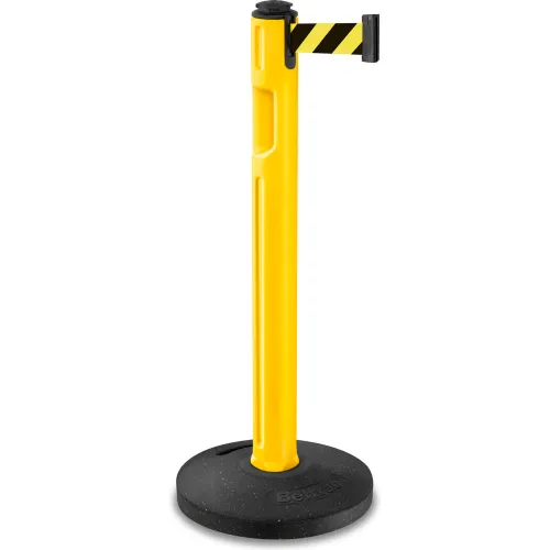 Yellow retractable belt stanchion with base