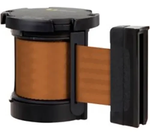 Black wall-mounted retractable brown belt barrier