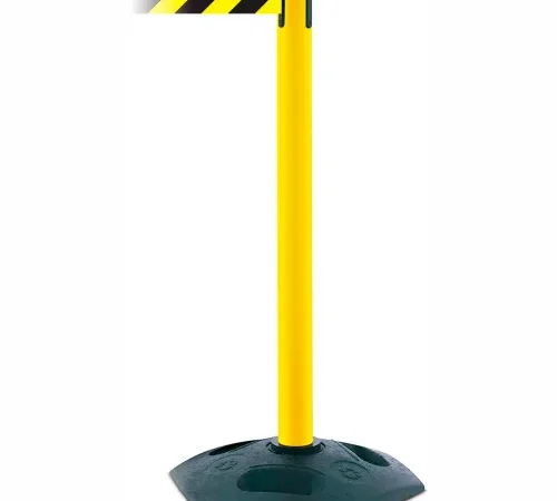 Yellow crowd control stanchion with striped belt