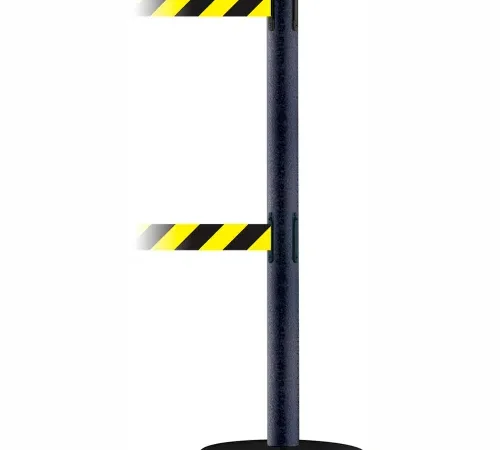 Black stanchion with yellow striped retractable belts