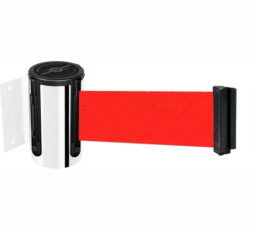 Red retractable wall-mounted crowd control belt