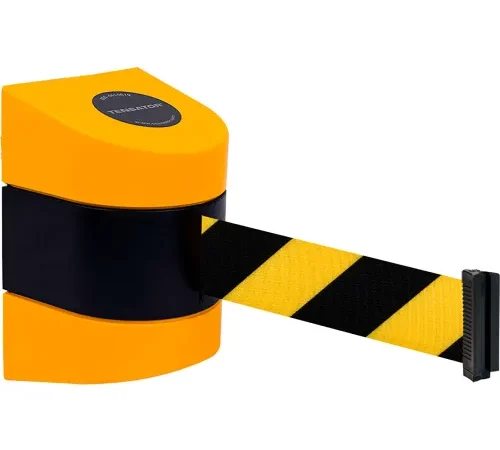 Yellow retractable belt barrier with striped tape