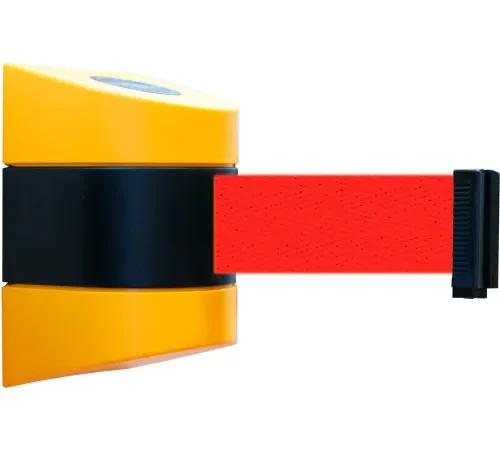 Yellow wall-mounted retractable belt barrier with red strap