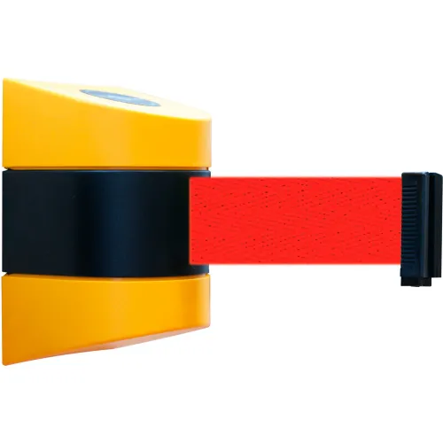 Yellow wall-mounted retractable belt barrier with red strap