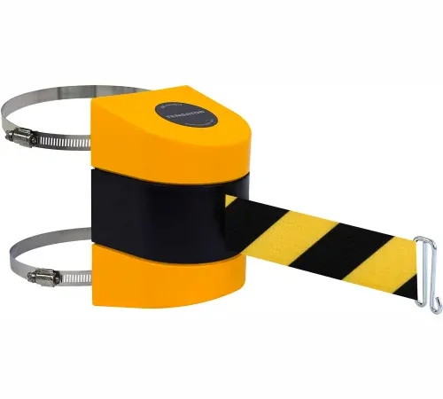Yellow and black retractable safety barrier belt