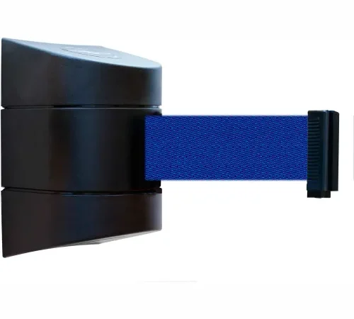 Wall-mounted retractable belt barrier with blue strap