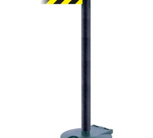 Retractable stanchion with yellow-black belt