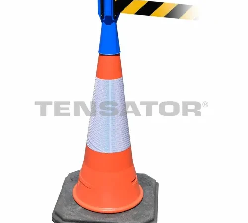 Tensabarrier Safety Crowd Control, Queue Cone Topper, Blue With 7.5' Black/Yellow Retractable Belt