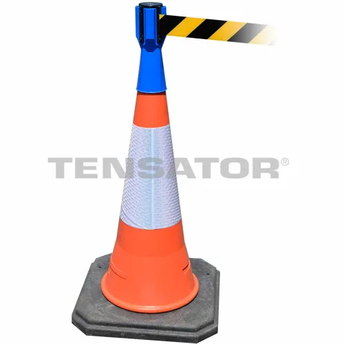 Tensabarrier Safety Crowd Control, Queue Cone Topper, Blue With 7.5' Black/Yellow Retractable Belt