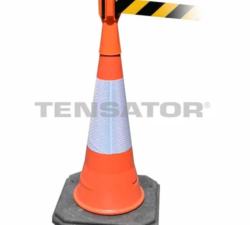 Tensabarrier Safety Crowd Control, Queue Cone Topper, Orange W/ 7.5' Black/Yellow Retractable Belt