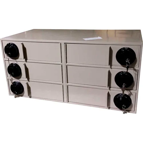 Beige metal cabinet with eight lockable drawers