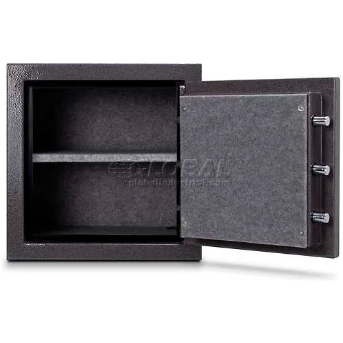 Open black safe with interior shelf and bolts