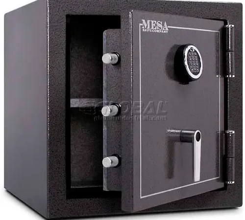 Open black safe with electronic keypad