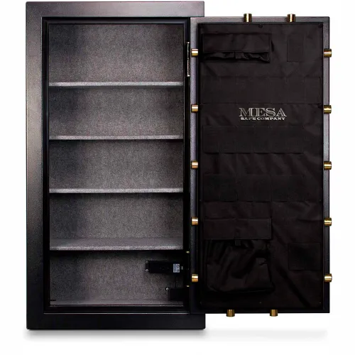 Open black safe with shelves and organizer