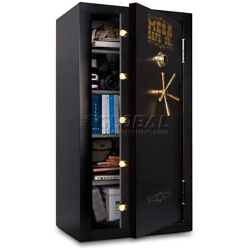 Black safe with gold handle, open door