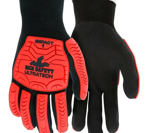 Black work gloves with red impact pads